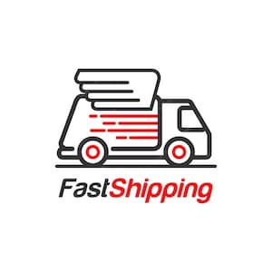 May include: Black and white line art illustration of a delivery truck with wings, red speed lines, and the text "FastShipping".