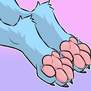May include: A digital illustration of two light blue furry animal paws with prominent, rounded pink paw pads and small, dark-colored claws. The fur is depicted with a thick black outline against a solid, light purple background.