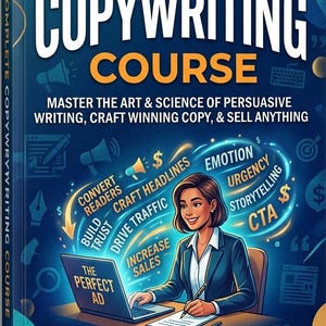 May include: Book cover for a copywriting course. The title is "COMPLETE COPYWRITING COURSE" in large, bold letters. An illustration of a woman writing on a laptop is featured. The cover includes text about persuasive writing and selling.