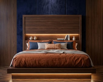 Letto moderno con piattaforma e luci a LED / Struttura letto sospesa / Struttura letto in legno con testiera a mensola / Letto da camera in noce / Letto di lusso