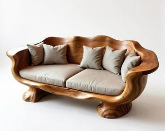Live Edge houten bank, organisch gebogen houten bank, handgemaakte statement bank, rustieke luxe woonkamermeubilair, natuurlijk houten loveseat