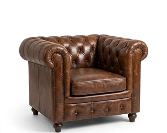 Chaise chesterfield en cuir vintage, fauteuil club capitonné, chaise d'appoint en cuir marron, chaise de lecture de bibliothèque anglaise, meuble de salon de luxe