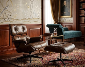 Poltrona lounge in stile Mid-Century Modern con poggiapiedi, poltrona d'accento in legno di noce e pelle marrone, poltrona da lettura di lusso, arredamento per soggiorno ispirato a Eames.