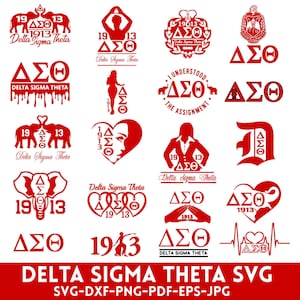 May include: A collection of red and white Delta Sigma Theta sorority logos and designs. The logos feature the sorority's Greek letters, the year 1913, and various other symbols, including elephants, hearts, and a woman's silhouette. The text "DELTA SIGMA THETA SVG" is displayed at the bottom of the image.