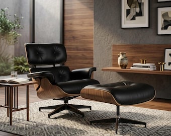 Conjunto de sillón y otomana de estilo moderno de mediados de siglo, sillón auxiliar de cuero negro, sillón reclinable de madera de nogal, sillón de lectura de lujo, muebles inspirados en Eames.