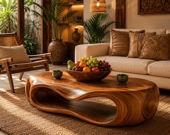 Mesa de centro con borde natural, mesa de centro de madera maciza, mesa de salón moderna y orgánica, muebles de madera natural hechos a mano, decoración rústica de lujo.