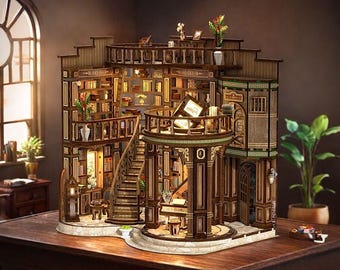 May include: A multi-level wooden miniature library model featuring intricate bookshelves, a curved staircase, a central circular balcony, and illuminated interior sections. The structure includes detailed railings, small decorative plants, and a stone-patterned floor.