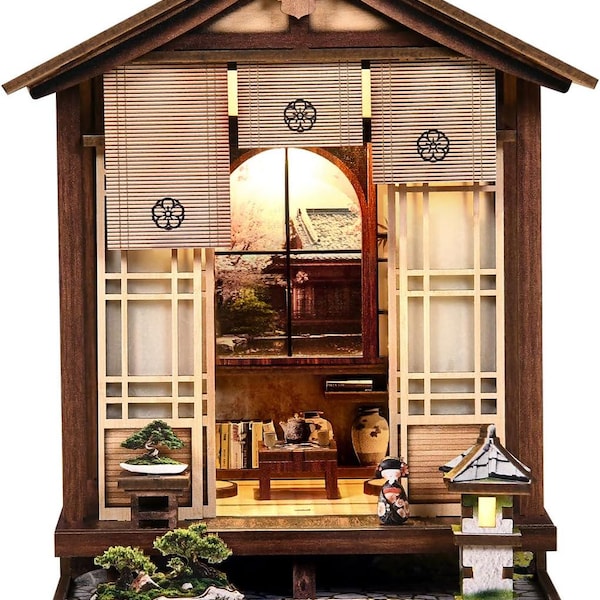 Japanese Tea House DIY Dollhouse Kit – Handmade Miniature House Book Nook with LED Light | Traditional Japanese Diorama Gift