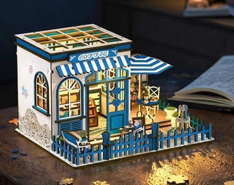 Santorini Sunshine Cafe DIY Dollhouse Kit, Miniature Book Nook, Handmade 3D Wooden Puzzle, Unique Gift