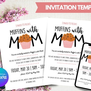 Editable Muffins with Mom Invitation | Edit in Your Browser with Canva | PTO Invitation | School Invitation | Mother's Day Template | FYP