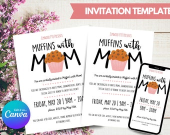 Editable Muffins with Mom Invitation | Edit in Your Browser with Canva | PTO Invitation | School Invitation | Mother's Day Template | FYP