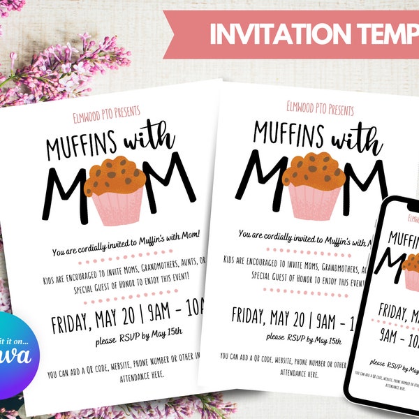 Editable Muffins with Mom Invitation | Edit in Your Browser with Canva | PTO Invitation | School Invitation | Mother's Day Template | FYP