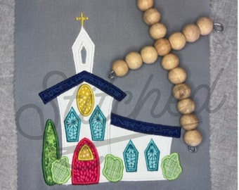 May include: Embroidered design of a white church with a red door and blue and green stained glass windows. The church is surrounded by green bushes. A wooden cross made of beads is in the upper right corner of the image. The text "5x7 8x8 6x10" is at the bottom of the image.