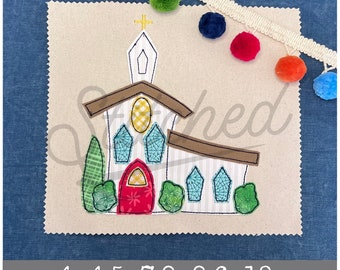 May include: A white church with a red door and green bushes. The church has a yellow checkered window and blue windows. The church is on a beige background.