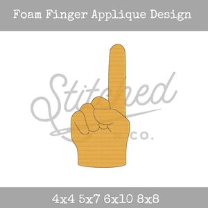 Puede incluir: Un dedo de espuma amarillo apuntando hacia arriba con el texto "Stitched Co." en un círculo a su alrededor. El dedo mide 4 pulgadas por 4 pulgadas, 5 pulgadas por 7 pulgadas, 6 pulgadas por 10 pulgadas u 8 pulgadas por 8 pulgadas.