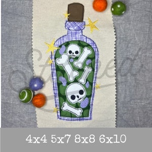May include: A fabric patch featuring a potion bottle design. The bottle is outlined in blue and filled with skulls and bones on a green background. The bottle has a brown cork and is surrounded by yellow star accents. The text "4x4 5x7 8x8 6x10" is at the bottom.