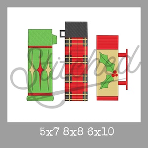 May include: Three Christmas-themed embroidery designs: a green thermos with red and gold accents, a red and black plaid thermos, and a red mug with a green holly sprig and red berries. The designs are labeled with their dimensions: 5x7, 8x8, and 6x10.