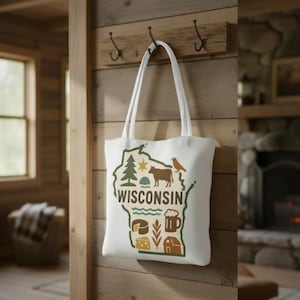 Borsa tote Wisconsin, contorno dello stato, icone del Midwest, mucca da formaggio