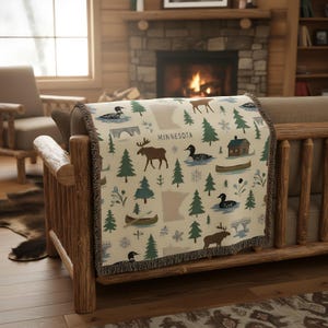 Minnesota Woven Blanket Cotton Throw with Northwoods Design | Cabin, Moose and Loon Cozy Decor