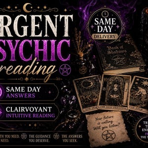 Op de afbeelding: Een advertentie voor paranormale readings met de tekst "URGENT PSYCHIC reading" in wit en paars. De afbeelding bevat tarotkaarten, een brandende kaars, een boek getiteld "Book of Shadows" en de zinnen "SAME DAY ANSWERS" en "CLAIRVOYANT INTUITIVE READING".