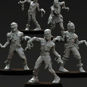 Puede incluir: Colección de cinco figuras de zombis grises en varias poses. Las figuras de muertos vivientes tienen ropa hecha jirones, huesos expuestos y cadenas. Cada figura está montada sobre una pequeña base negra, con un fondo oscuro.