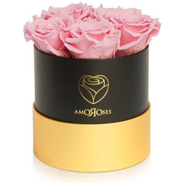 Amoroses Petite - 5 Rose rosa Stabilizzate Vere in cappelliera nera e oro Realizzata a Mano