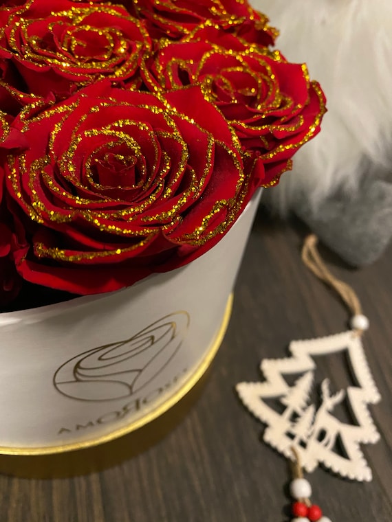 Rose Stabilizzate Amoroses GOLD DELUXE - Bouquet 12 Rose Rosse Eterne In Scatola Bianca