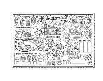 Eid Activity and Coloring Placemat. Islamic Eid Activity for Kids. Fun & Interactive. Eid Party Ideas. Islamic Fun Kids Activity. High Res.