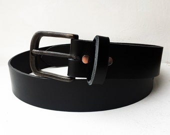 Cinturón de cuero negro de plena flor con hebilla de cinturón negro vintage, hecho a mano en Francia, cinturones para hombre y mujer
