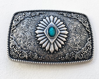 Boucle de ceinture western plaqué argent émail turquoise, boucle de ceinture homme, femme, cadeau, mariage