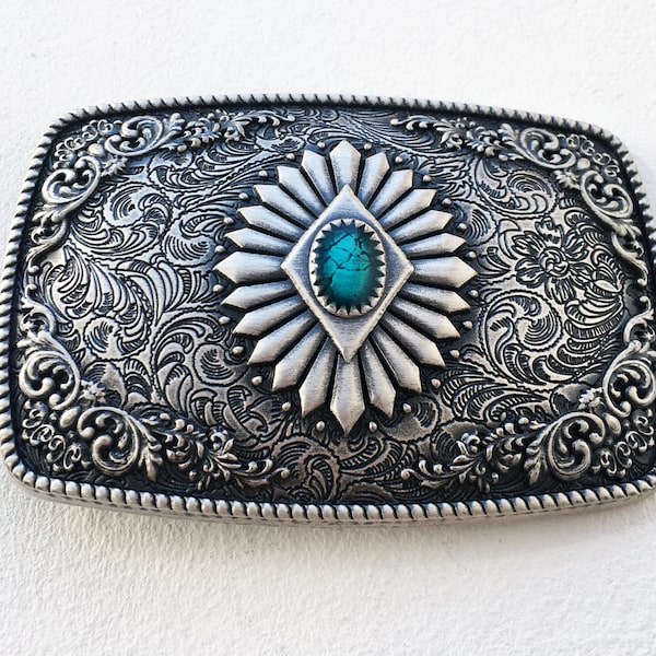 Boucle de ceinture western plaqué argent émail turquoise, boucle de ceinture homme, femme, cadeau, mariage