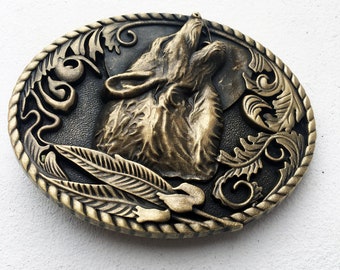 Boucle de ceinture Loup et plume hurlement plaqué bronze, boucle de ceinture homme, country, western, femme, cadeau, mariage