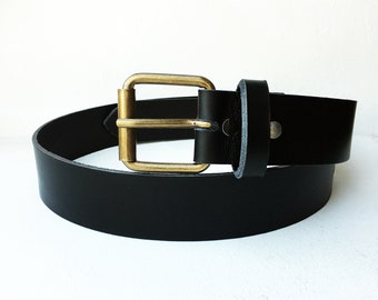 Ceinture cuir noir pleine fleur avec boucle de ceinture rouleau vieux laiton, faite à la main en France, ceinture homme, femme