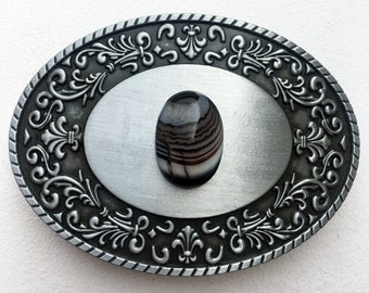 Boucle de ceinture Pierre ovale Agate noire et blanche, boucle de ceinture pour femme, homme, cadeau, mariage