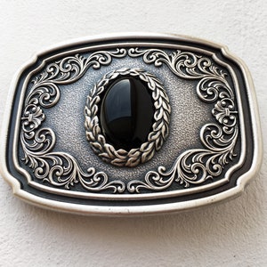Boucle de ceinture plaqué argent pierre obsidienne noire, boucle de ceinture homme, femme, cadeau, mariage