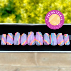 Press On, Customizable, More Colors and Shapes Available, Square-Shaped Neon Lines Gel Nail Set