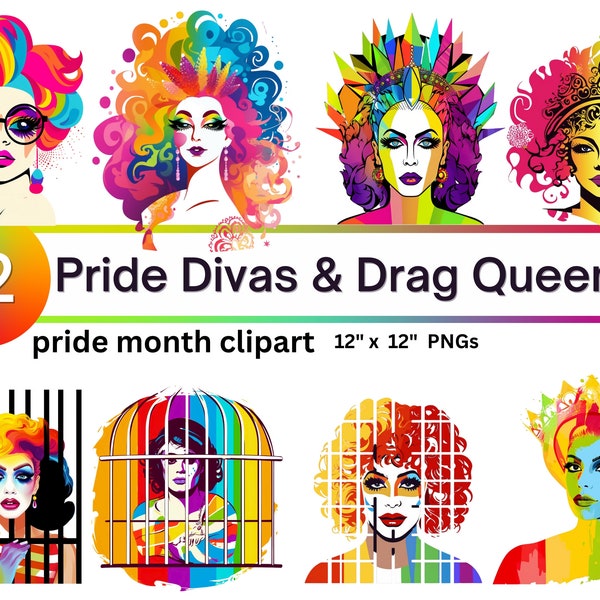 12 Printable Drag Queens PNG Bundle, Gay Pride Month Clipart, Drag is Not a Crime, Drag Queen PNG, Pride PNG, Rainbow Pride svg