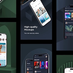 May include: Mockups of a mobile phone app interface with a dark background and a green background. The app features a social media feed with photos and videos, a search function, and a discover tab. The text "What's new?" and "Nearby" are visible on the screen.