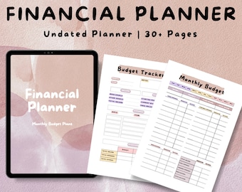 Op de afbeelding: Een digitale financiële planner met een roze aquarel achtergrond. De planner bevat pagina's voor budgetteren, het bijhouden van inkomsten en uitgaven, en het stellen van financiële doelen. De planner is niet gedateerd en heeft meer dan 30 pagina's.
