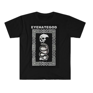 May include: Black t-shirt featuring the text "EYEHATEGOD" above a graphic of a skull and a coiled snake within a decorative border. The design is in white and gray.