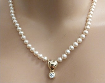Collier de perles vintage de Majorque, plaqué or et verre (forme coeur), marque Madreperla