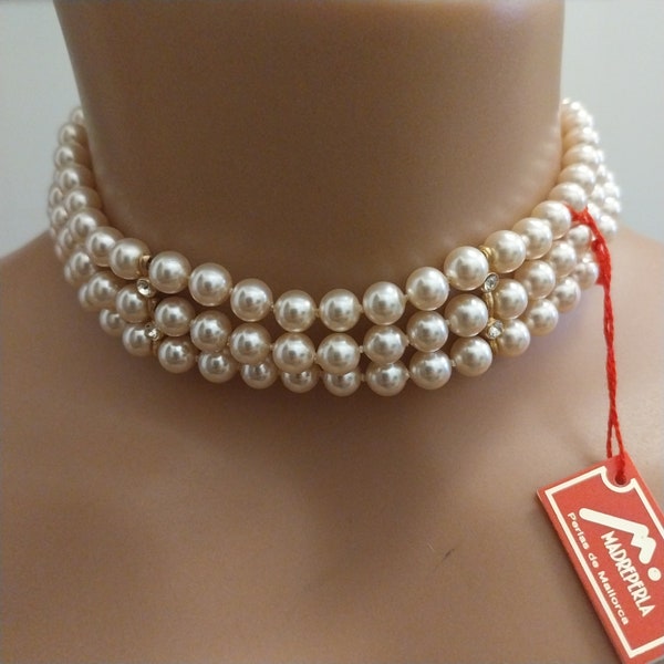 Tour de cou en perles de Majorque et chaîne plaquée or réglable