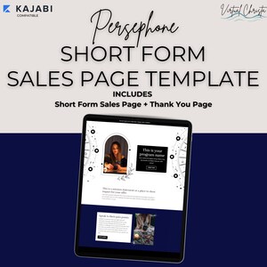 May include: A dark blue web page template with a white text overlay. The text reads "Persephone Short Form Sales Page Template Includes Short Form Sales Page + Thank You Page". The page is displayed on a tablet device.