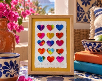 Mazatlán - Original Mixed Media Heart Art, 5x7 Dimensional Collage, Handmade Paper Art, Colorful Small Wall Decor
