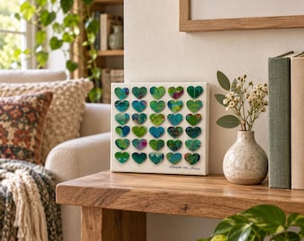 Tiny Wild Things - Original Mixed Media dimensional heart assemblage. Green paper heart collage