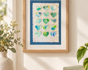 Capri - Original Mixed Media Heart Art, 5x7 Dimensional Collage, Handmade Paper Art, Colorful Small Wall Decor