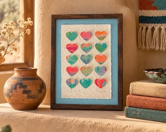 Santa Fe - Original Mixed Media Heart Art, 5x7 Dimensional Collage, Handmade Paper Art, Colorful Small Wall Decor