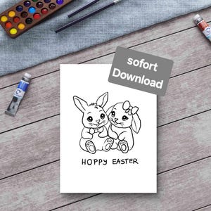 Ausmalbild DIY Illustration Zeichnung zum Ausmalen für Kinder Postkarte Druck als Datei zum Sofort Download Unikat Hasen Ostern Osterkarte