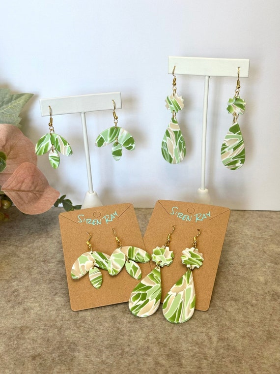 Green Sea Glass Marble Polymer Clay Earrings