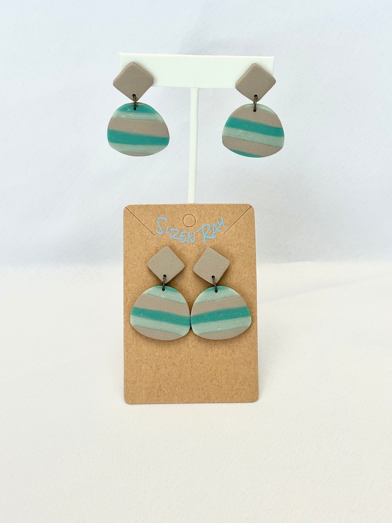 Blue and Beige Striped Polymer Clay Earrings